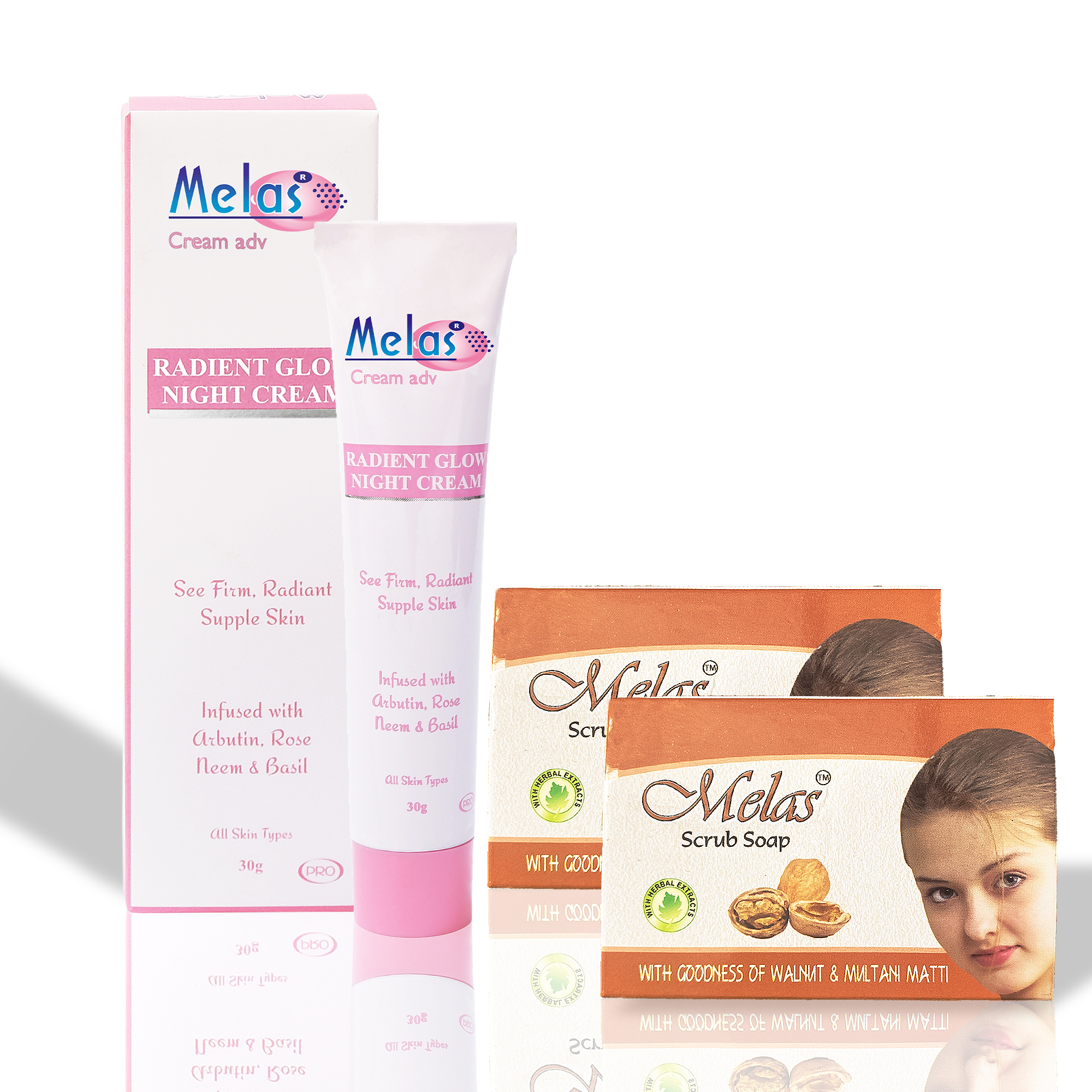 Melas Skin Brightening combo (for dull skin) | 2 Soap + 1 Cream Pack | For lightening marks & exfoliate, Brightening Skin, scrub | Contains Kojic Acid, Arbutin, Glycolic acid, BHA, walnut